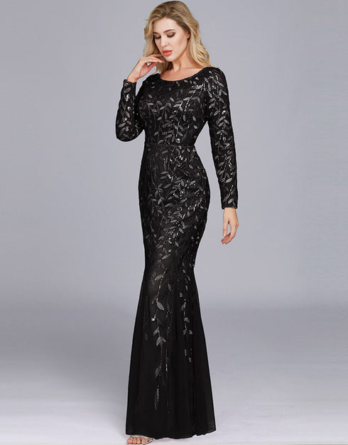Elegant Plus Size O Neck Full Sleeve Evening Dress
